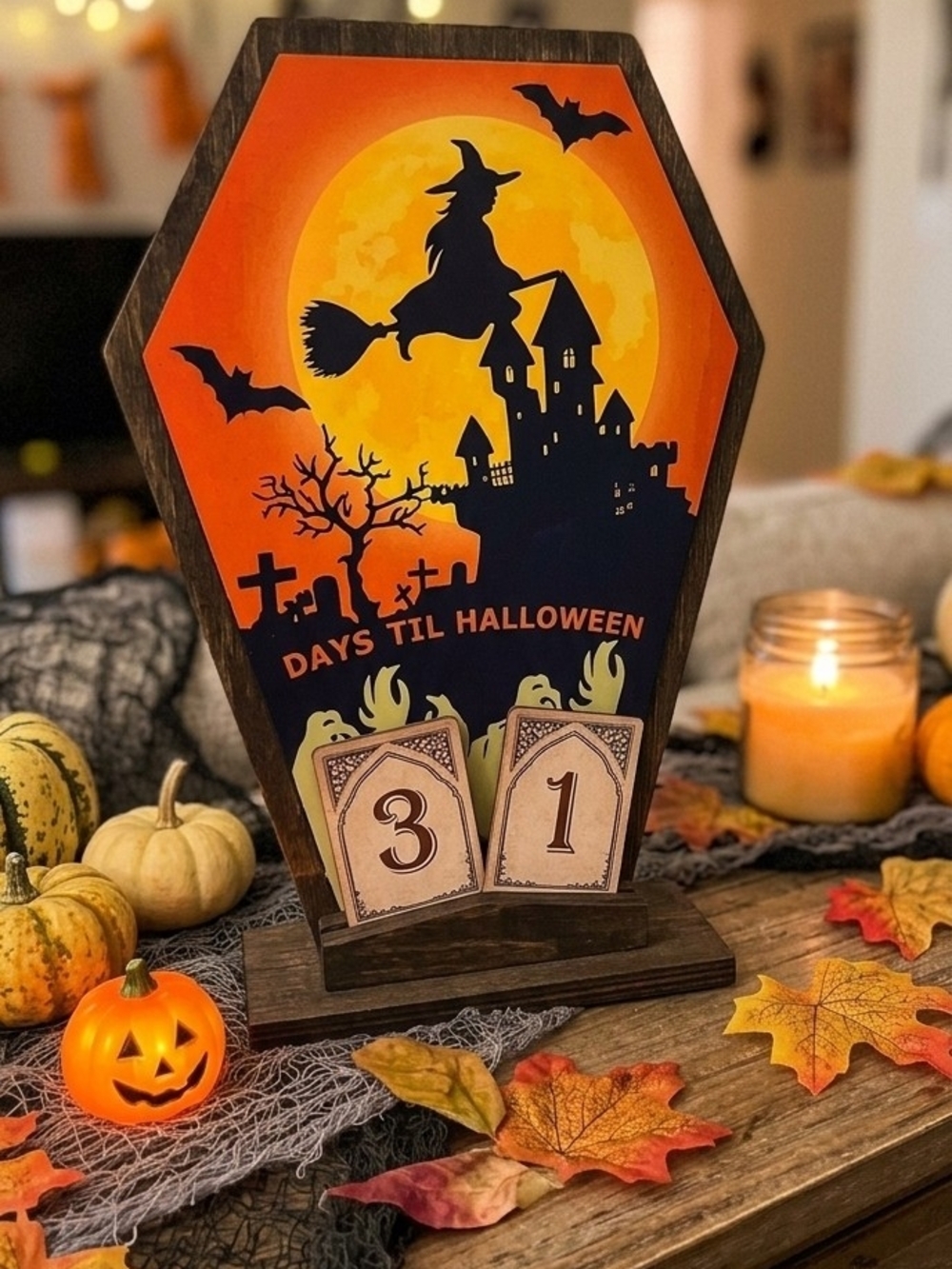Halloween Countdown Wooden Decor - Orange & Black Advent Calendar Spooky Fun